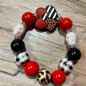 Red and Black Beaded Bracelet with Heart Accents